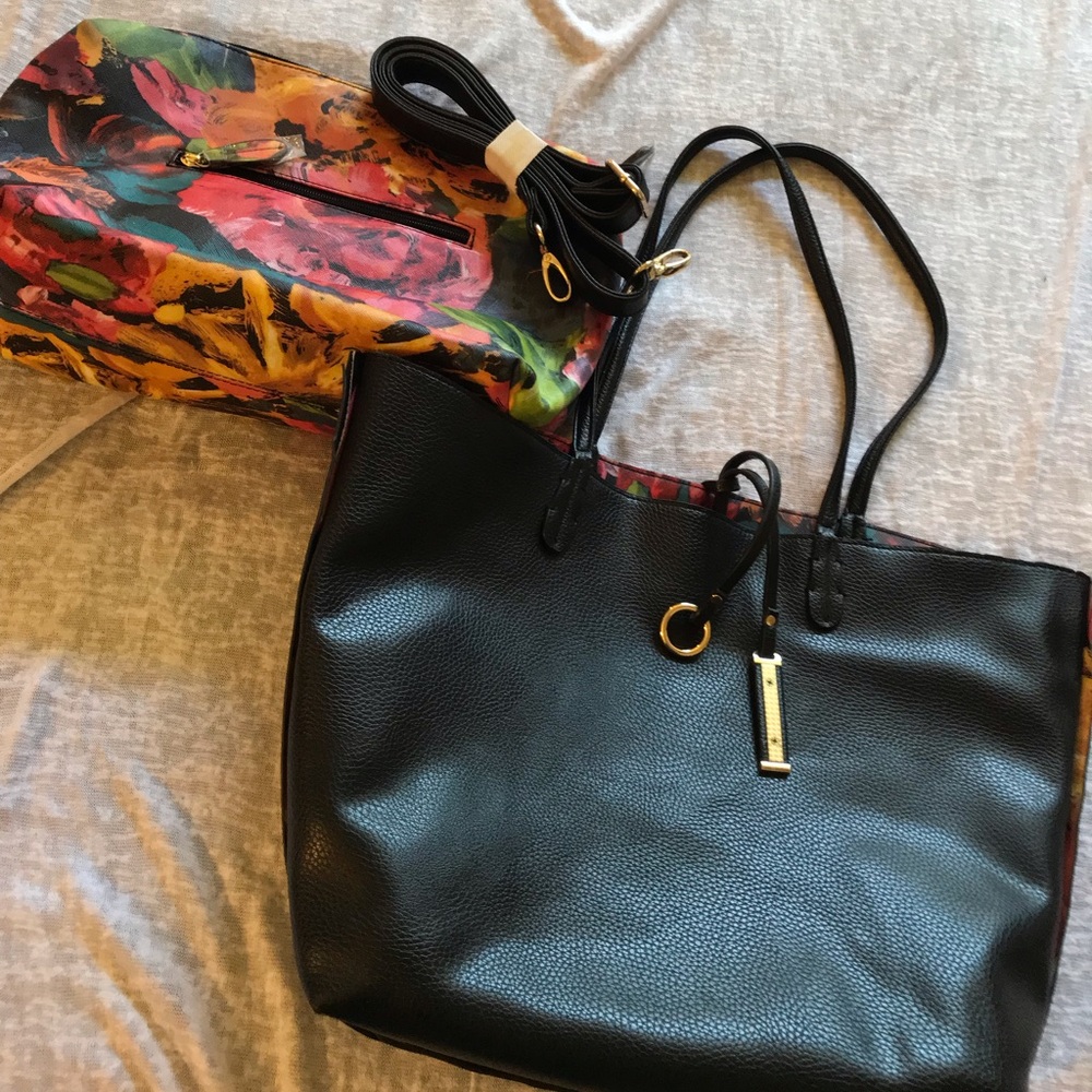 3 Piece tote bag ensemble FAUX BLACK LEATHER